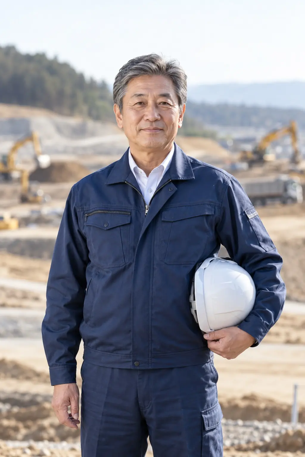 現場を背に立つ代表取締役社長