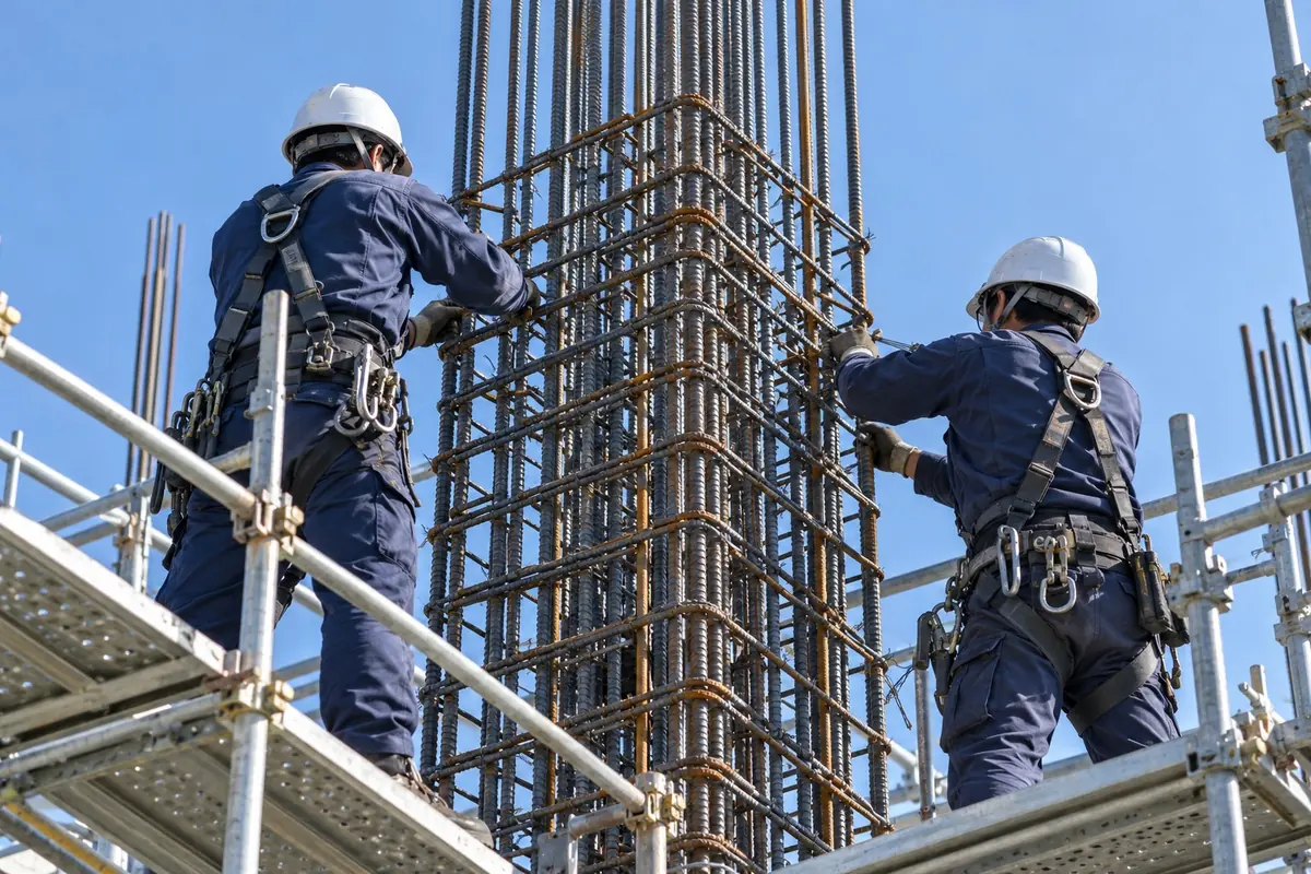 安全帯を着けて鉄筋の柱に登る作業員たち